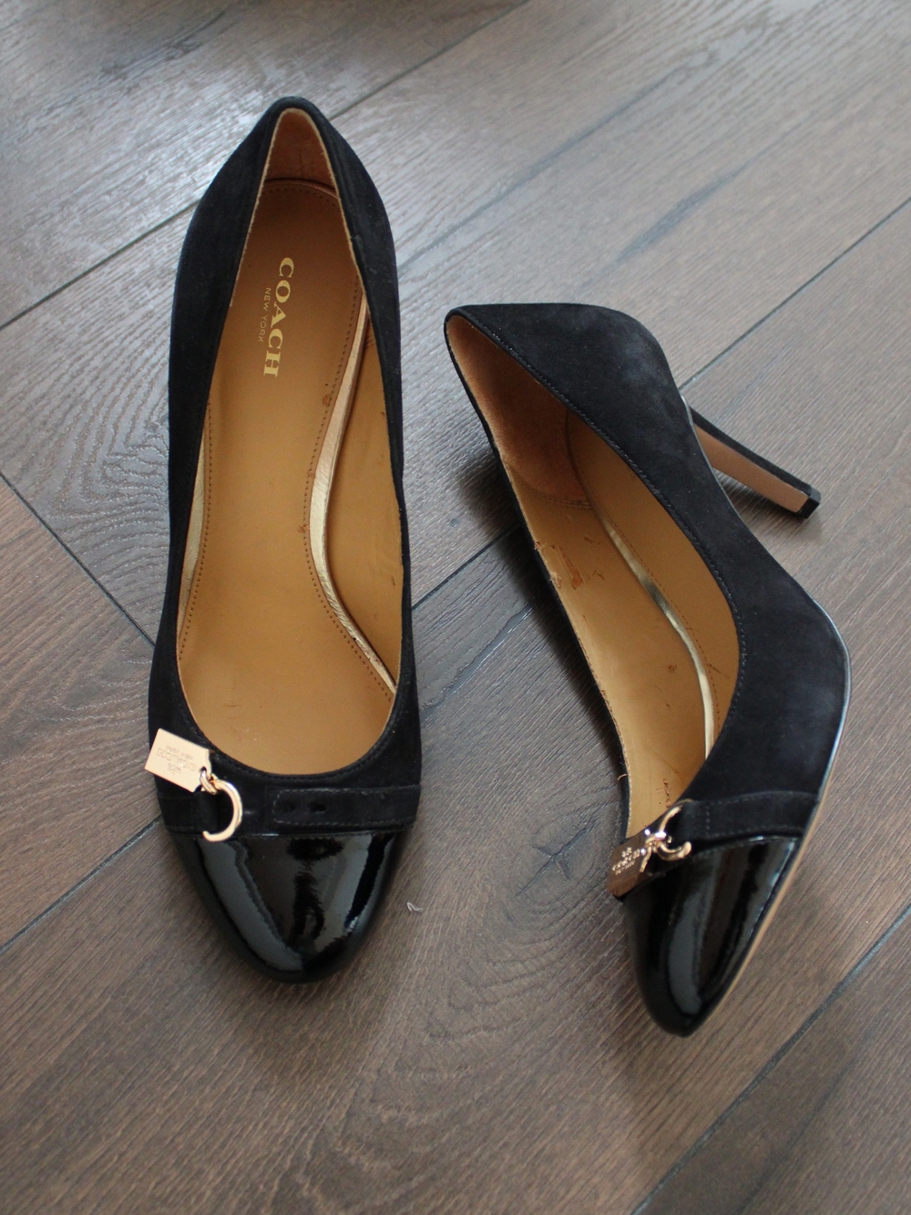 COACH Black Suede & Patent Leather Pointed Toe Pumps